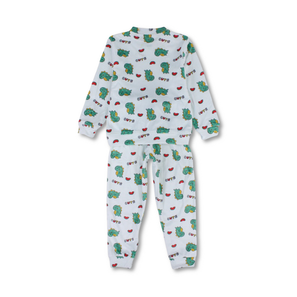Baby Boys Velvet Pajama – White with Dino Print