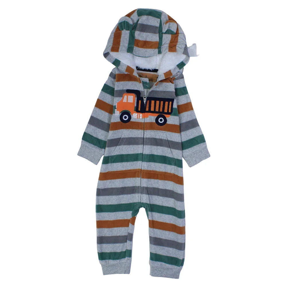 Baby Boys Cotton Hooded Footless Onesie – Grey Striped with a Truck Design