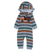 Baby Boys Cotton Hooded Footless Onesie – Grey Striped with a Truck Design
