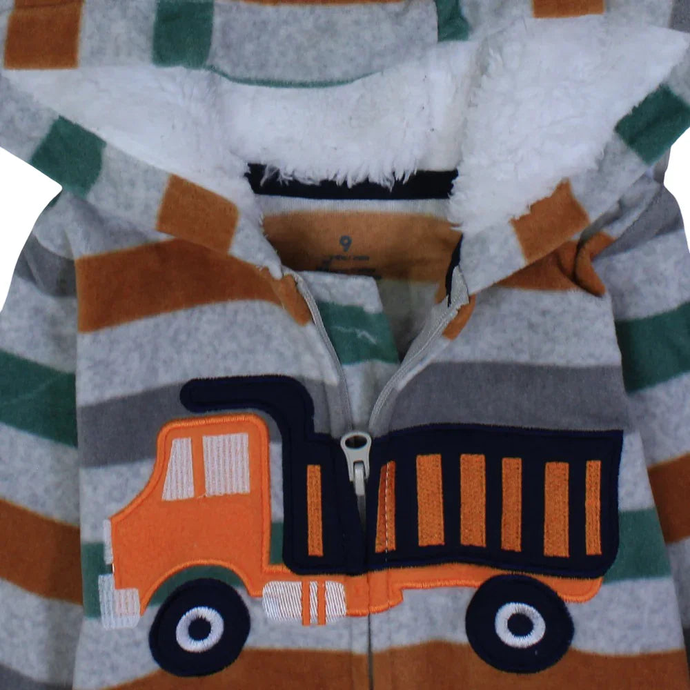 Baby Boys Cotton Hooded Footless Onesie – Grey Striped with a Truck Design