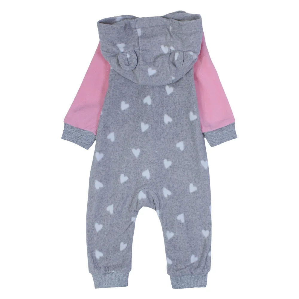 Baby Girls Hooded Footless Onesie  – Grey with Little Hearts Print