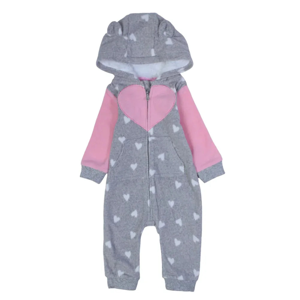 Baby Girls Hooded Footless Onesie  – Grey with Little Hearts Print