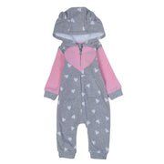 Baby Girls Hooded Footless Onesie  – Grey with Little Hearts Print