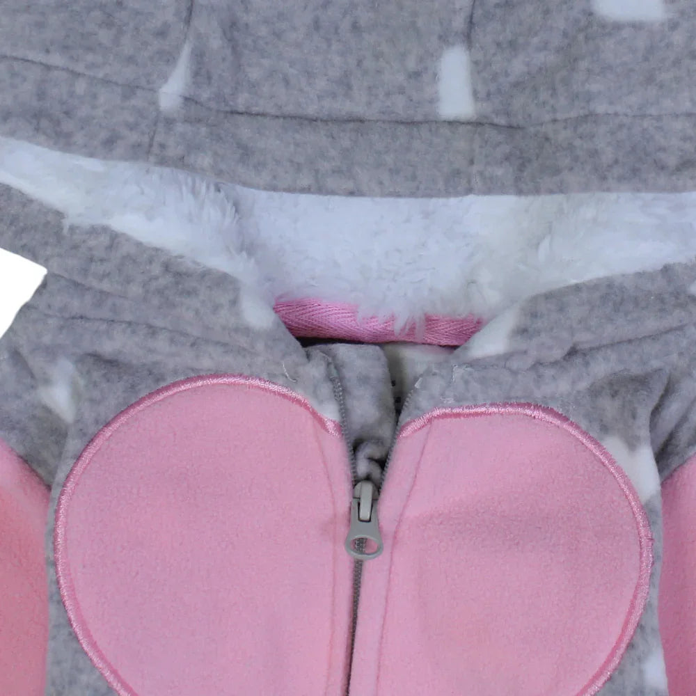 Baby Girls Hooded Footless Onesie  – Grey with Little Hearts Print