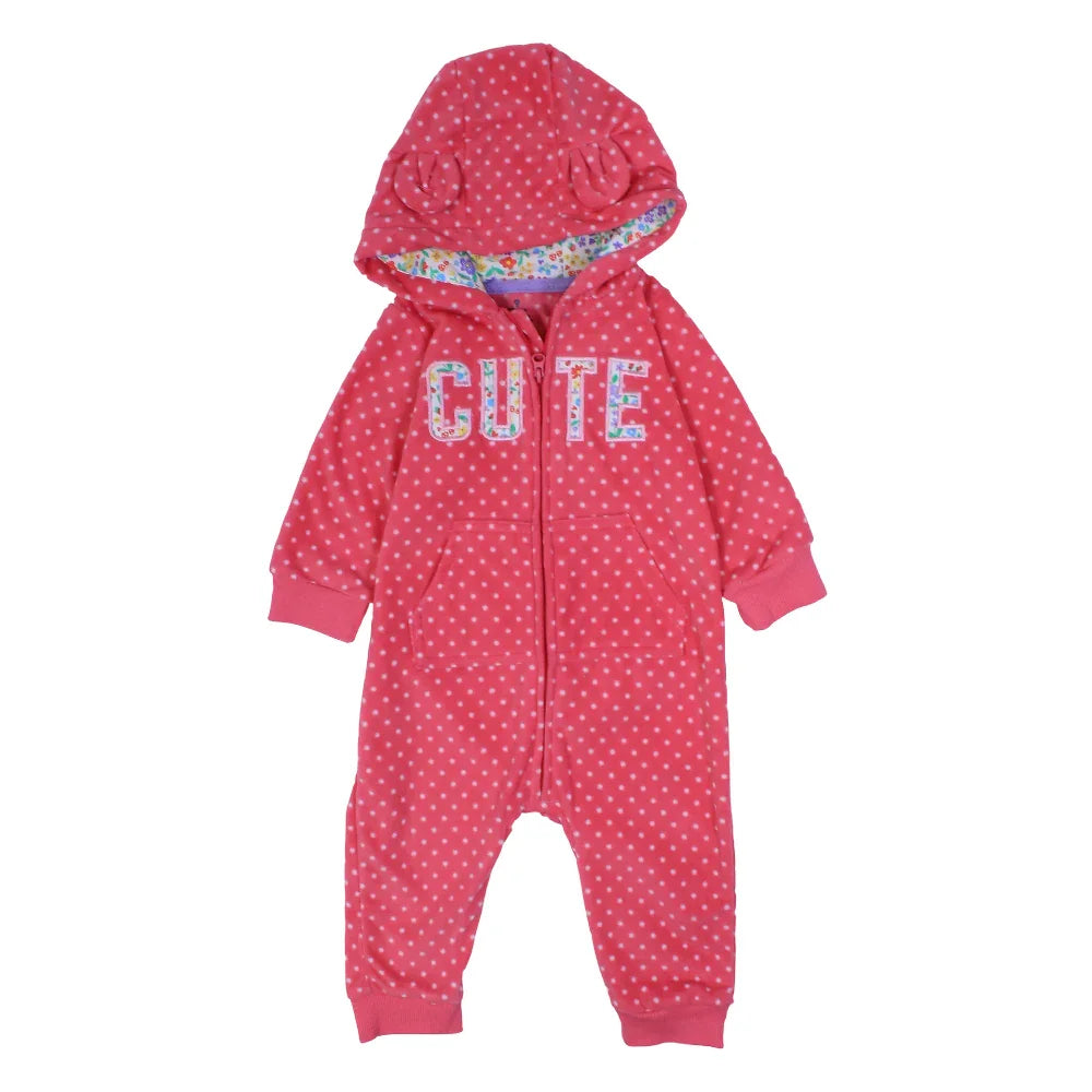 Baby Girls Hooded Footless Onesie – Fuchsia with Polka Dots