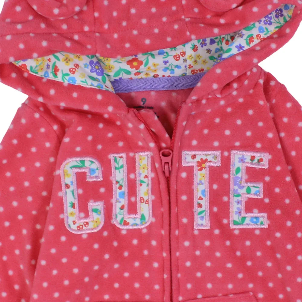 Baby Girls Hooded Footless Onesie – Fuchsia with Polka Dots