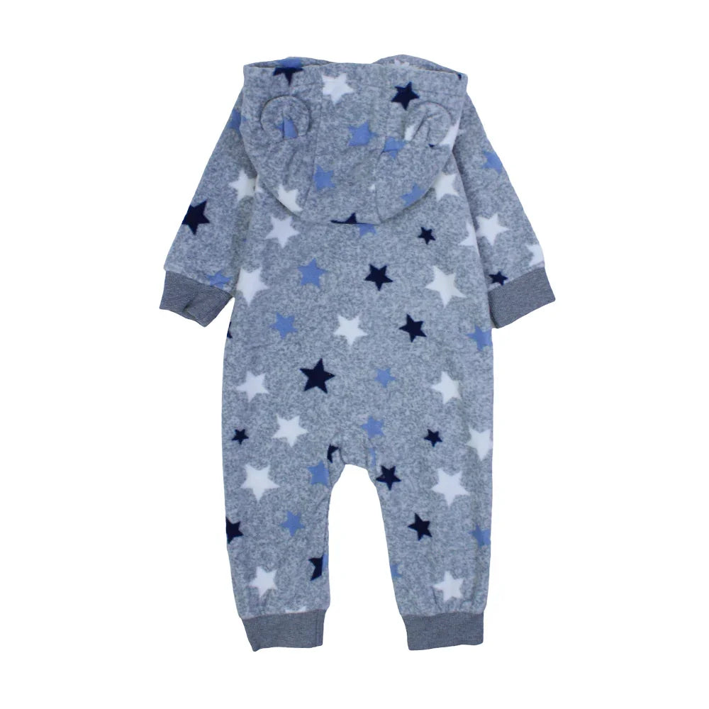 Baby Boys Hooded Footless Onesie – Grey with "All Star" Design