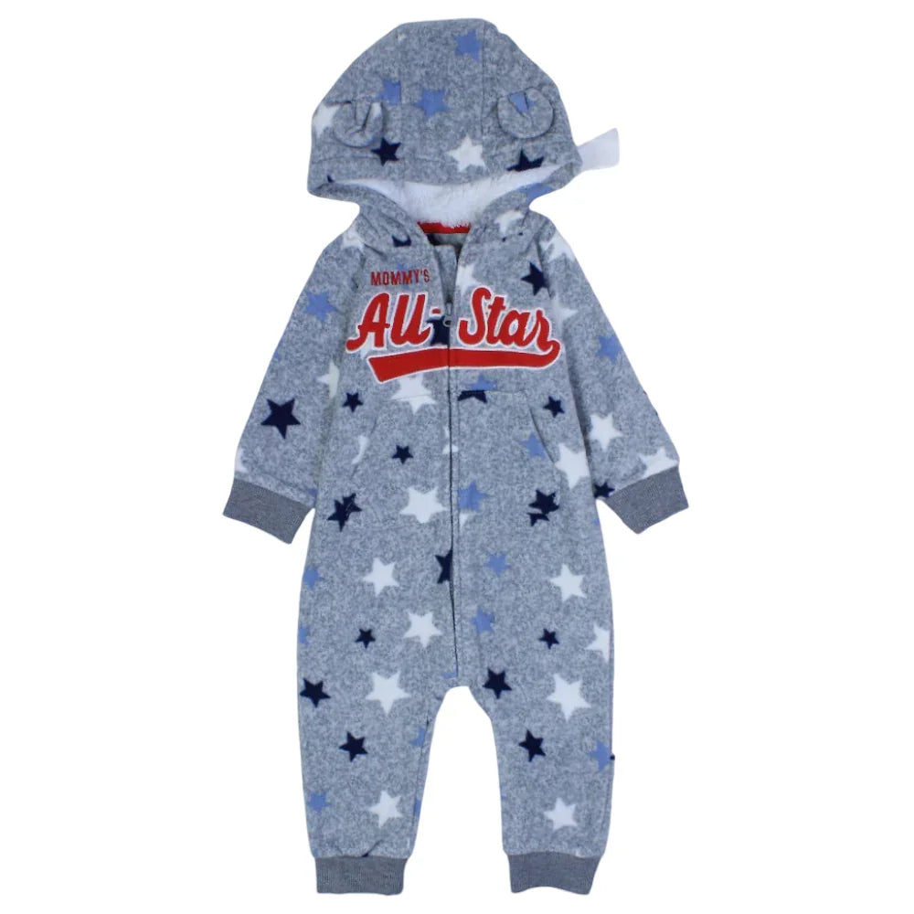 Baby Boys Hooded Footless Onesie – Grey with "All Star" Design