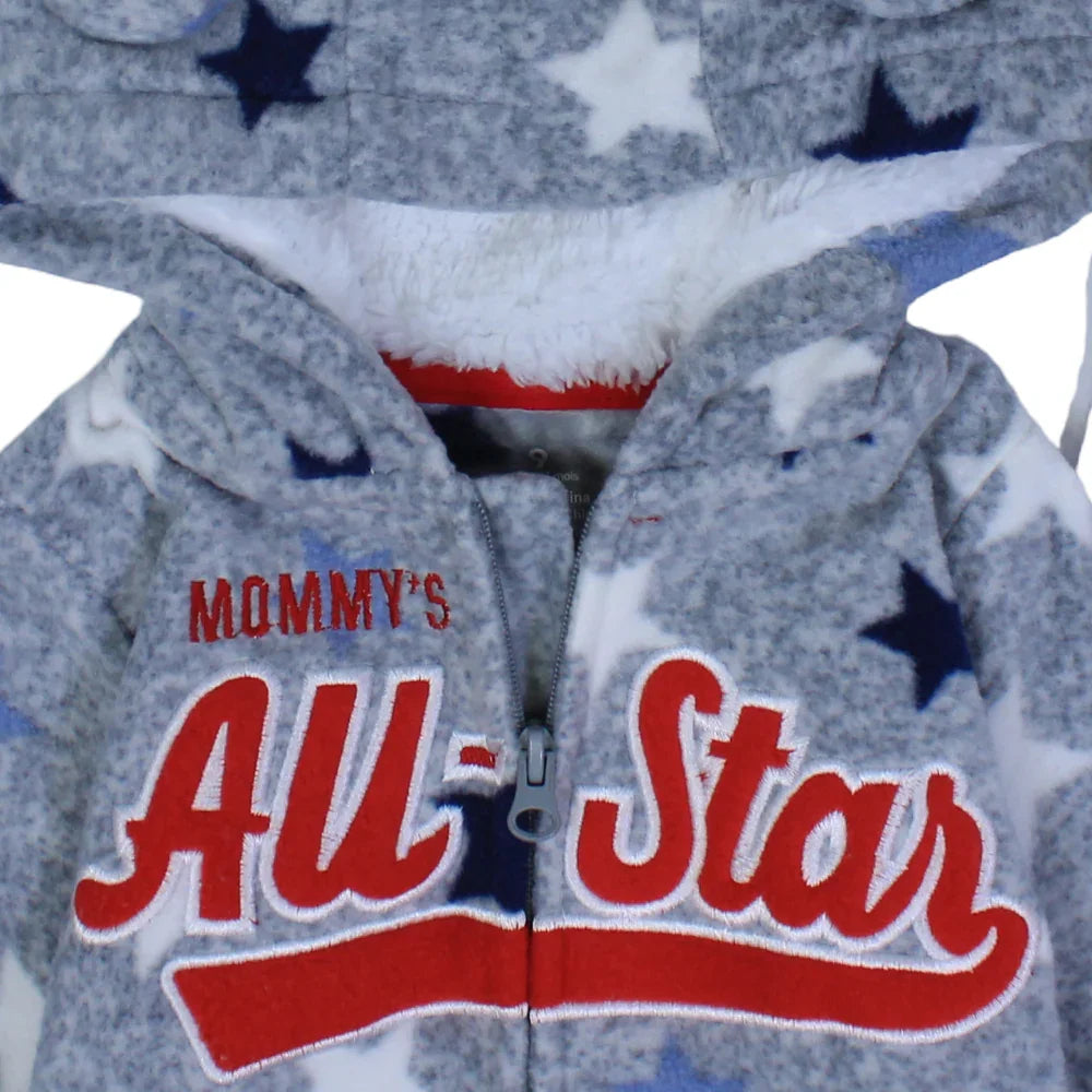 Baby Boys Hooded Footless Onesie – Grey with "All Star" Design