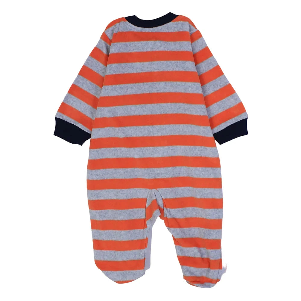Baby Boys Cotton Baby Footie – Orange & Grey Striped with a Fishing Bear Design