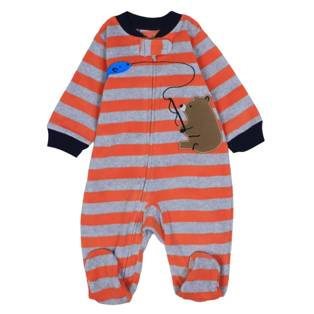 Baby Boys Cotton Baby Footie – Orange & Grey Striped with a Fishing Bear Design