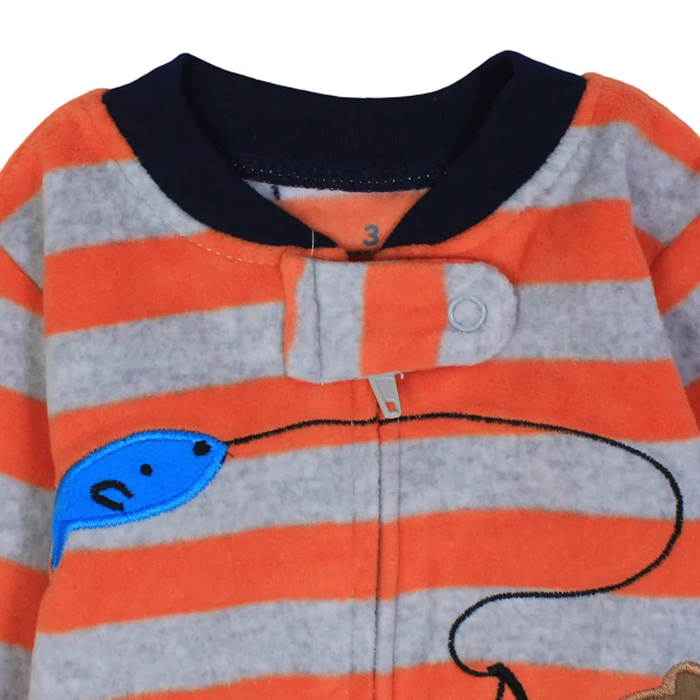 Baby Boys Cotton Baby Footie – Orange & Grey Striped with a Fishing Bear Design