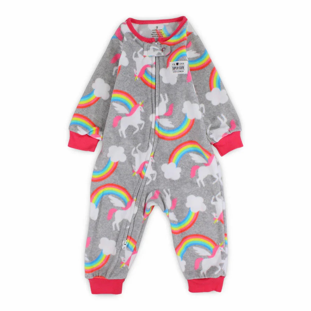 Baby Girls Fleeced Footless Onesie – Grey with Unicorn Print