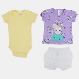 Baby Girls Cotton 3-Piece Outfit Set – Purple with Mouse Print