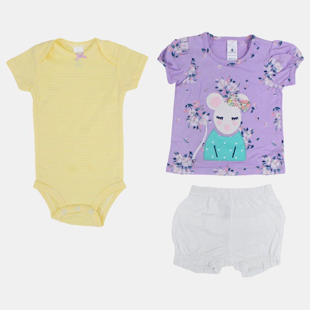 Baby Girls Cotton 3-Piece Outfit Set – Purple with Mouse Print