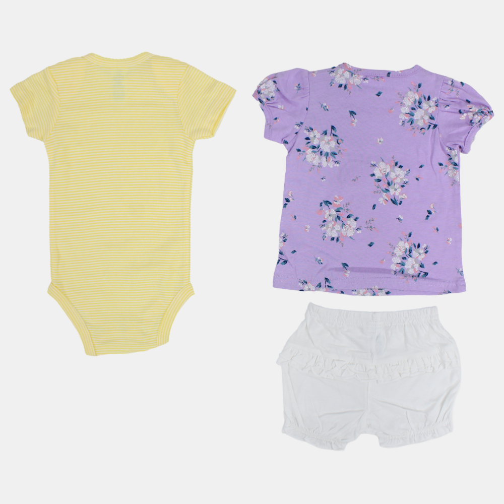 Baby Girls Cotton 3-Piece Outfit Set – Purple with Mouse Print