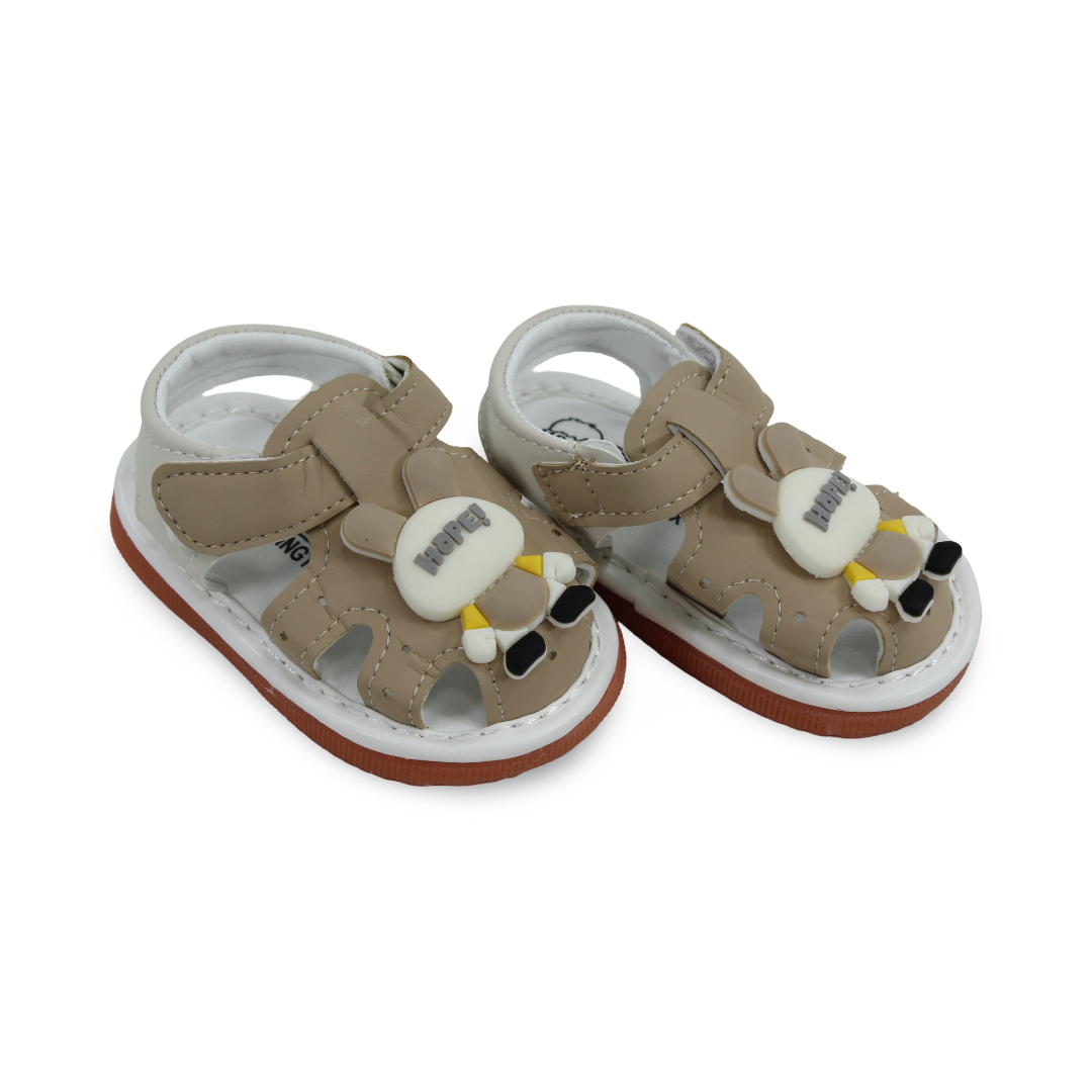 Unisex Baby Leather Sandal – Beige with "HAPE!" Design
