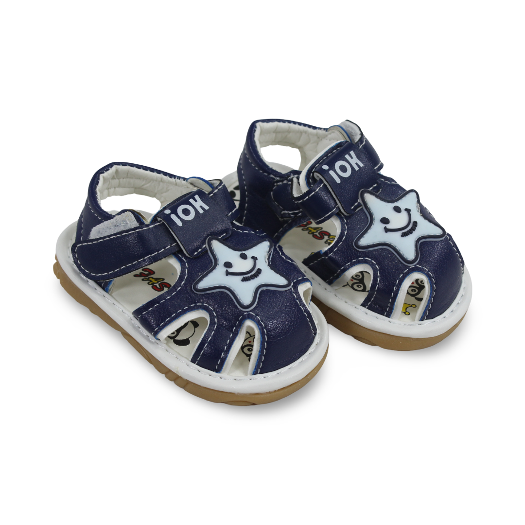 Unisex Baby Leather Sandal – Blue with Star Print