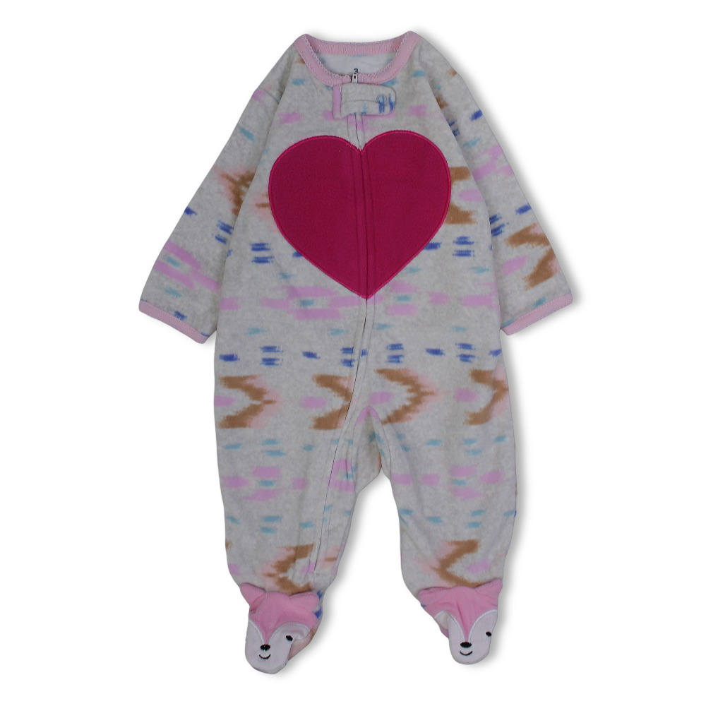 Baby Girls Fleeced Baby Footie – Grey with Heart Embroidery