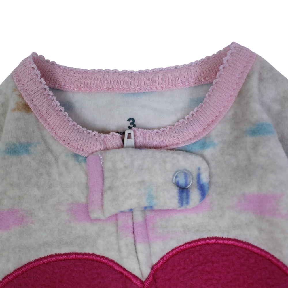 Baby Girls Fleeced Baby Footie – Grey with Heart Embroidery