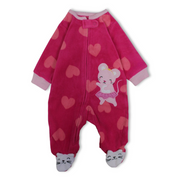 Baby Girls Fleeced Baby Footie – Fuchsia with Mouse Embroidery