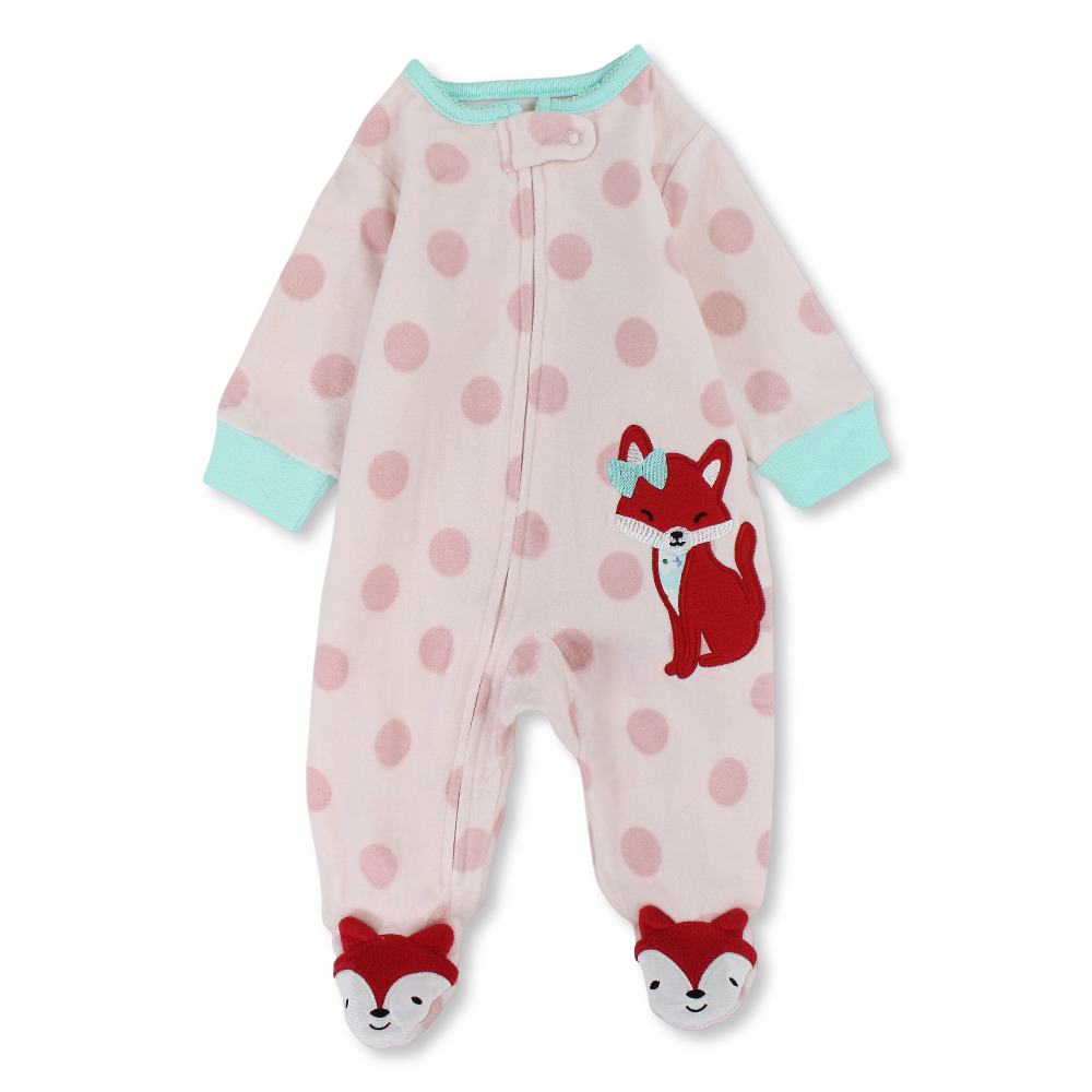 Baby Girls Fleeced Baby Footie – Pink with Polka Dots & Fox Design