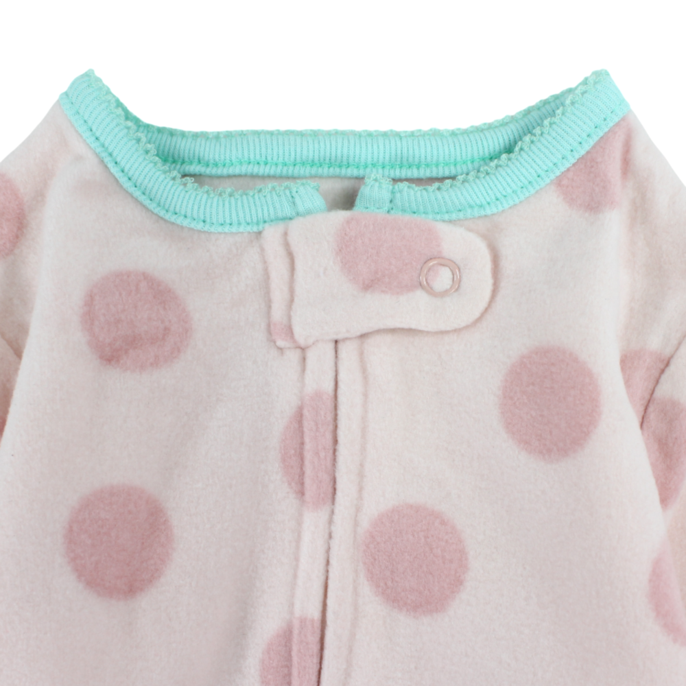 Baby Girls Fleeced Baby Footie – Pink with Polka Dots & Fox Design