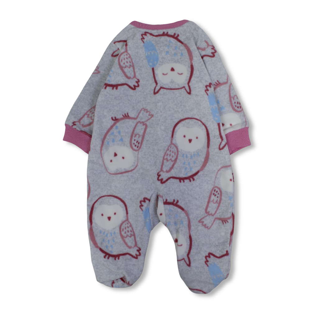 Baby Girls Fleeced Baby Footie – Grey with Owl Embroidery