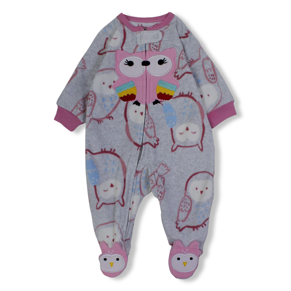 Baby Girls Fleeced Baby Footie – Grey with Owl Embroidery