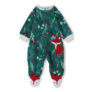Baby Girls Fleeced Baby Footie – Green with Flowers & Fox Design