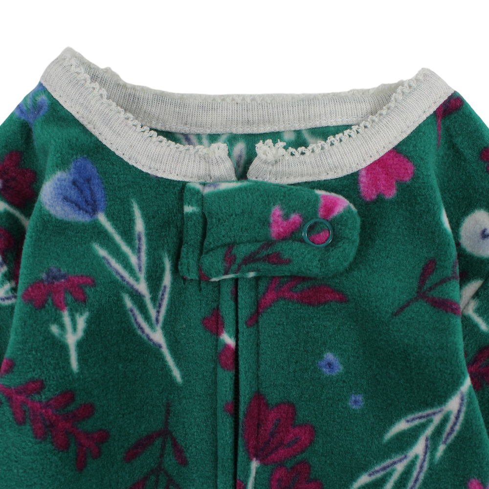 Baby Girls Fleeced Baby Footie – Green with Flowers & Fox Design