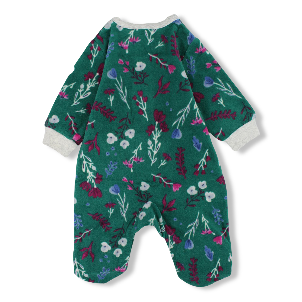 Baby Girls Fleeced Baby Footie – Green with Flowers & Fox Design