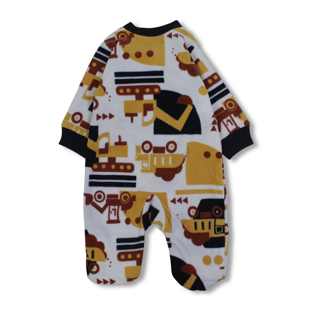 Baby Boys Fleeced Baby Footie – White with Tractor Embroidery