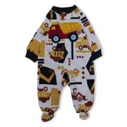 Baby Boys Fleeced Baby Footie – White with Tractor Embroidery