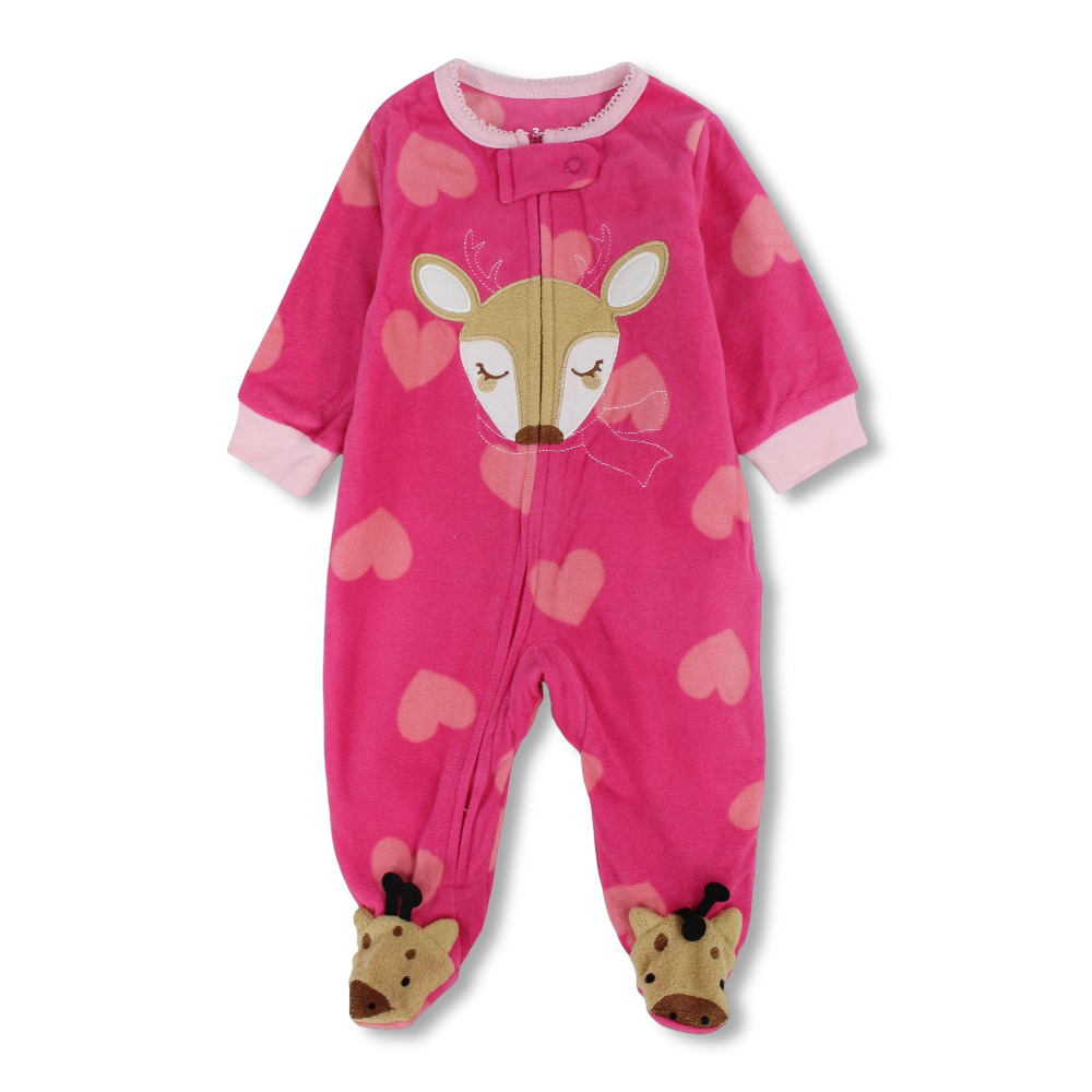 Baby Girls Fleece Baby Footie – Fuchsia with Hearts & Giraffe Design