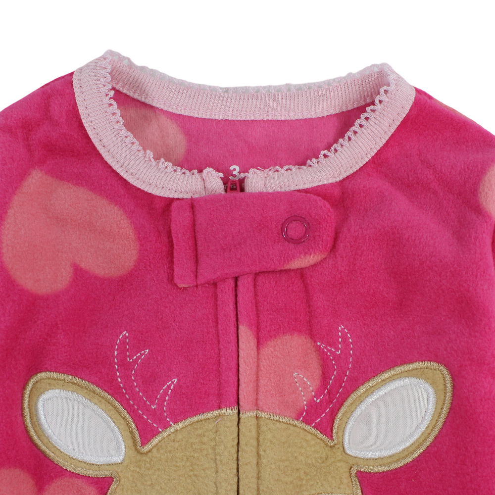 Baby Girls Fleece Baby Footie – Fuchsia with Hearts & Giraffe Design