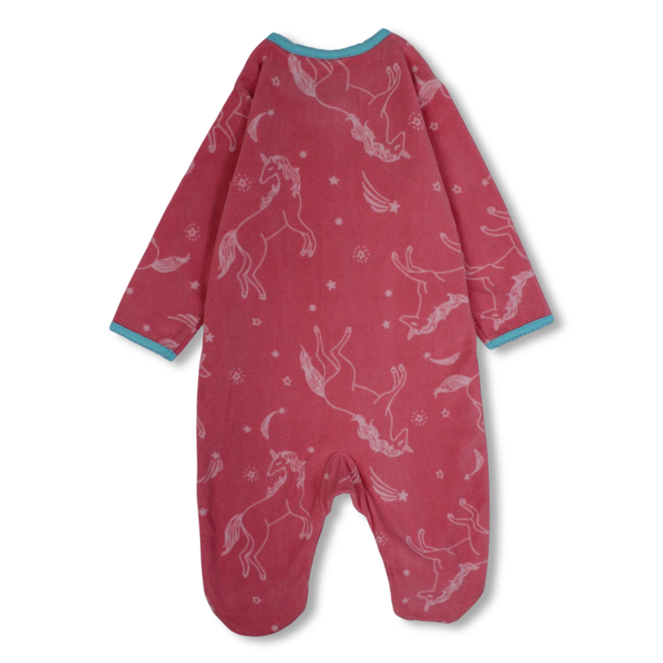 Baby Girls Fleeced Baby Footie – Salmon with Unicorn Embroidery