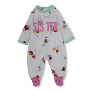 Baby Girls Fleeced Baby Footie – White with “Little Sister“ Embroidery