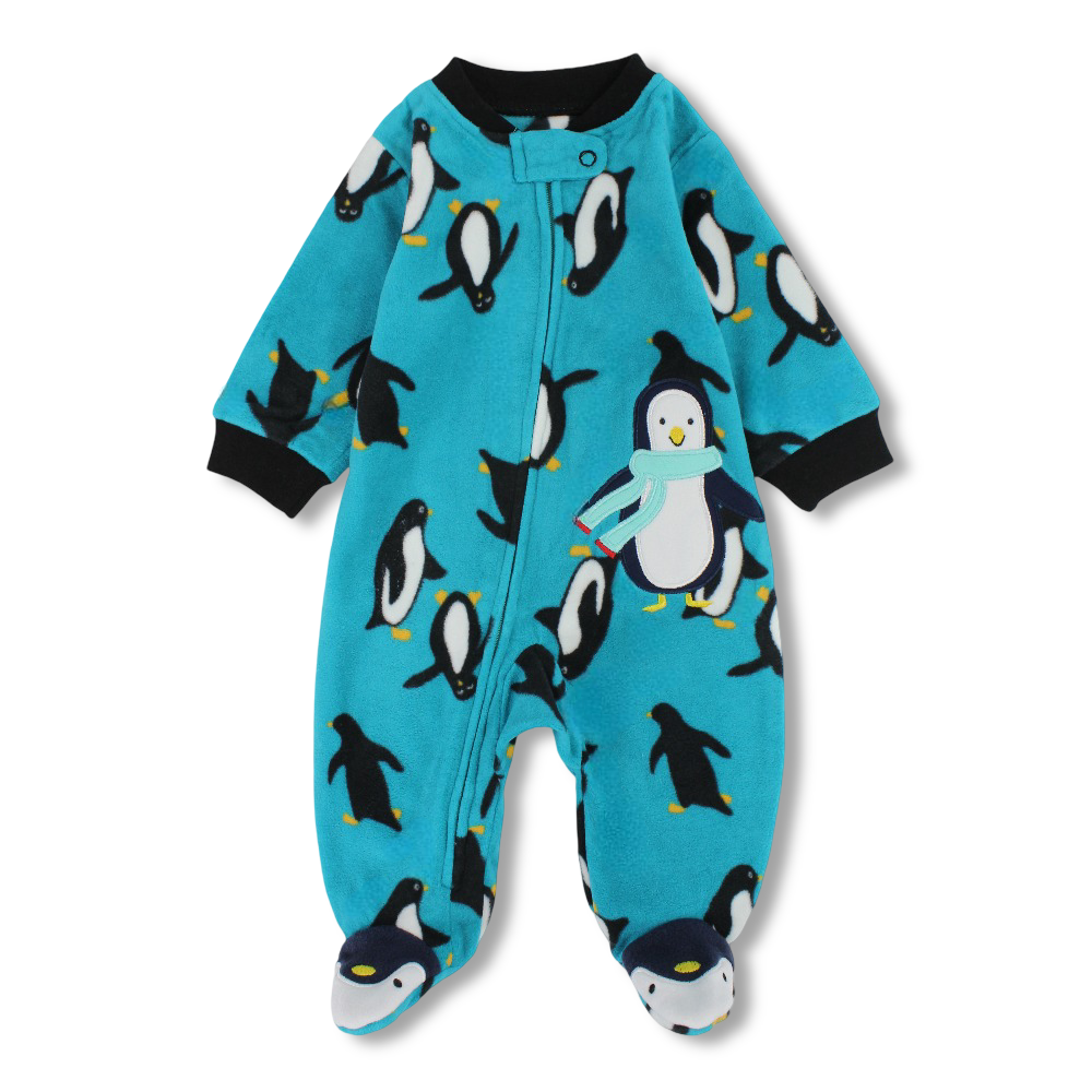 Baby Boys Fleeced Baby Footie – Turquoise with Penguin Print