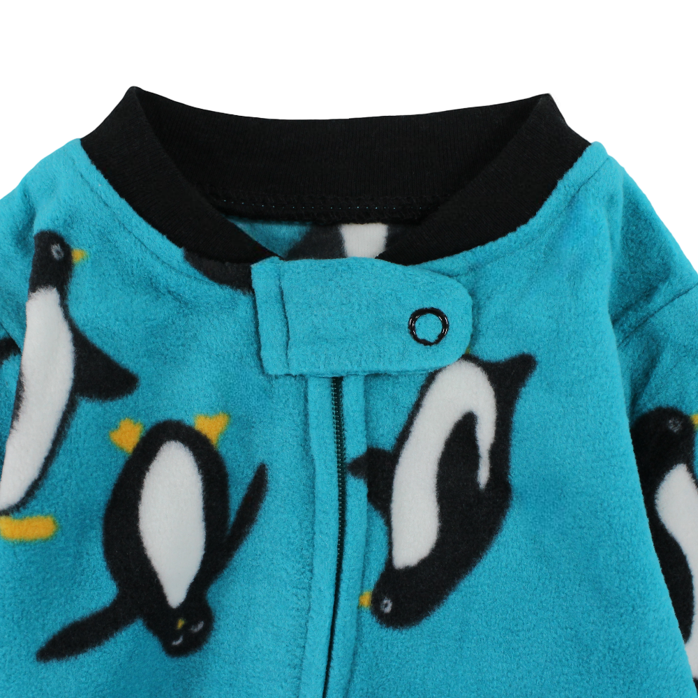 Baby Boys Fleeced Baby Footie – Turquoise with Penguin Print