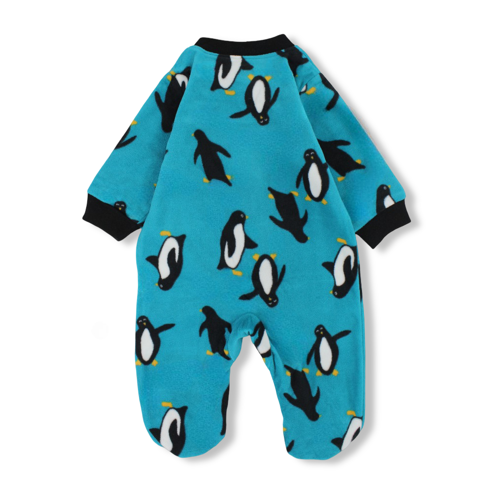 Baby Boys Fleeced Baby Footie – Turquoise with Penguin Print