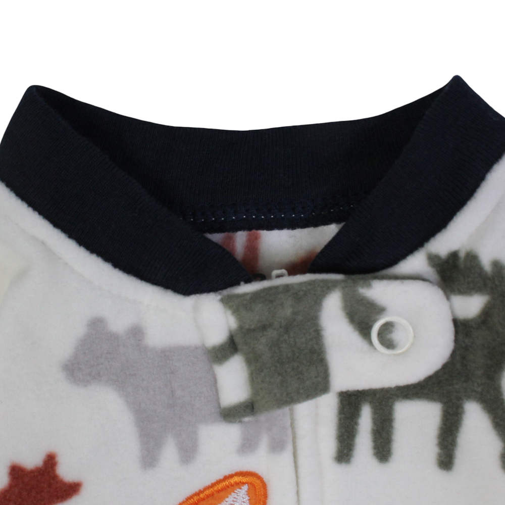 Baby Boys Fleeced Baby Footie – White with Fox Embroidery