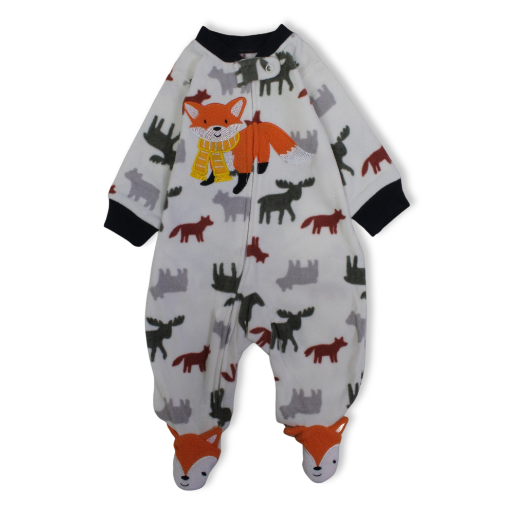 Baby Boys Fleeced Baby Footie – White with Fox Embroidery