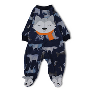 Baby Boys Fleeced Baby Footie – Navy with Fox Head Embroidery