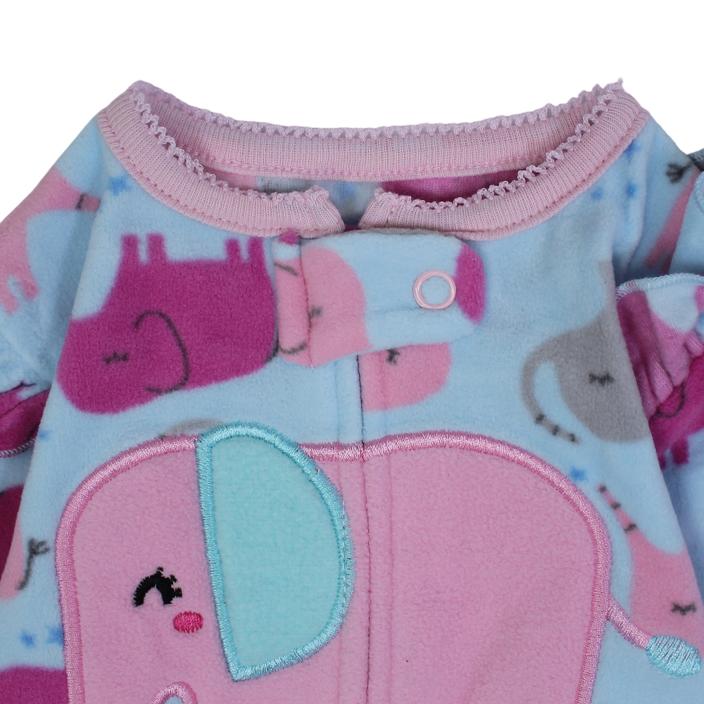 Baby Girls Fleeced Baby Footie – Baby Blue with Elephant Embroidery