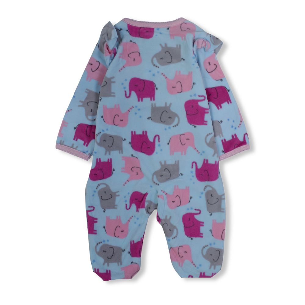 Baby Girls Fleeced Baby Footie – Baby Blue with Elephant Embroidery