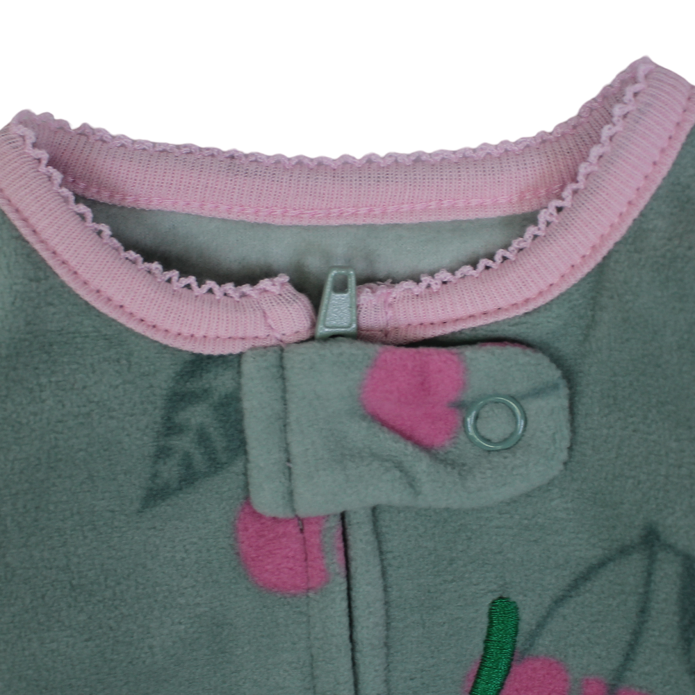 Baby Girls Fleeced Baby Footie – Mint with Cherry Embroidery