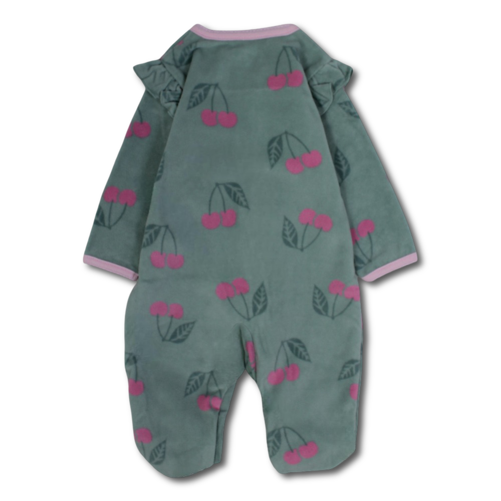 Baby Girls Fleeced Baby Footie – Mint with Cherry Embroidery