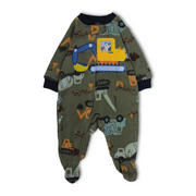 Baby Boys Fleeced Baby Footie – Dark Green with Tractors Design