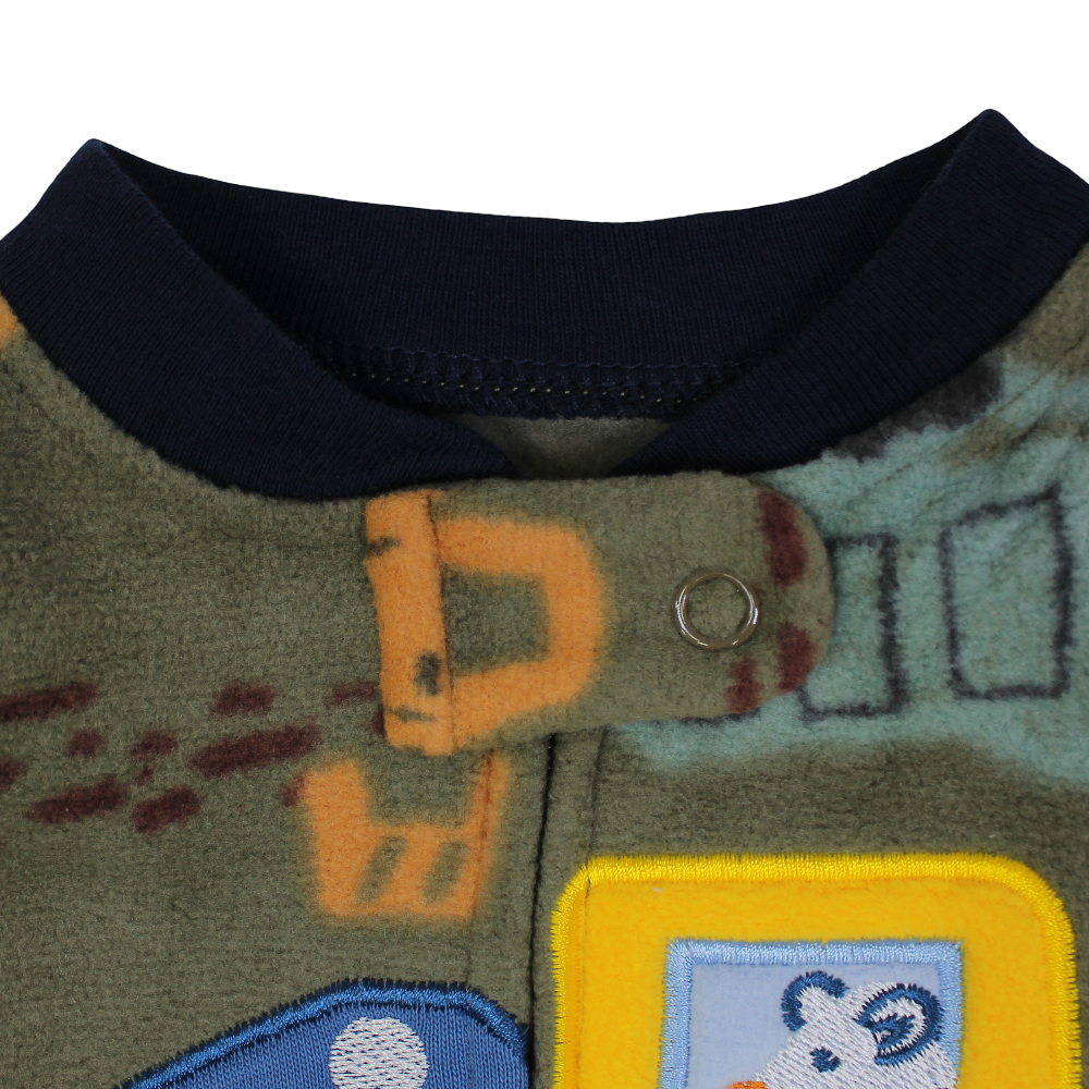 Baby Boys Fleeced Baby Footie – Dark Green with Tractors Design